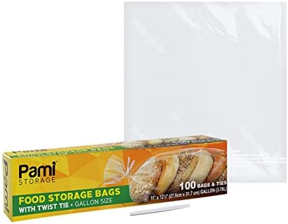 PAMI Food Storage Gallon Size Bags With Twist Ties [100 Pieces] - Disposable Plastic Food Bags- Food-Safe Bags For Food Storage- Versatile Bags For Kitchen. Home, Office, Commercial Uses- 11x12.5â