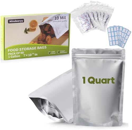 60pcs 1 Quart Mylar Bags for Food Storage - ExtraThick 10 Mil - Smell Proof Mylar bags 1 Quart - Stand-Up Zipper Pouches 7x10 Inch - Small Mylar Bags for Food Storage - Heat Sealable