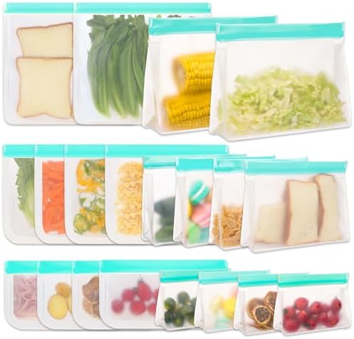 Moretoes 20 Pack Reusable Freezer Food Storage Bags, Silicone Bags Reusable Storage, Quart Freezer Bags for Lunch Marinate Food Travel (Green, 6 Sizes, Stand Up & Lay Flat)