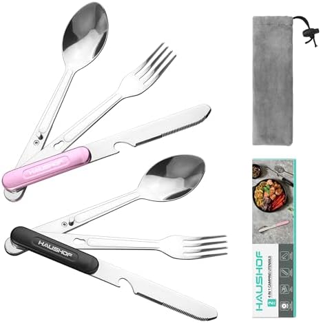 HAUSHOF 4-in-1 Camping Utensils, 2-Pack, Detachable Stainless Steel Spoon, Fork, Knife & Bottle Opener, Backpacking Cutlery for Traveling, Hiking, Picnic, Barbecue - Outdoor Flatware with Carrying Bag
