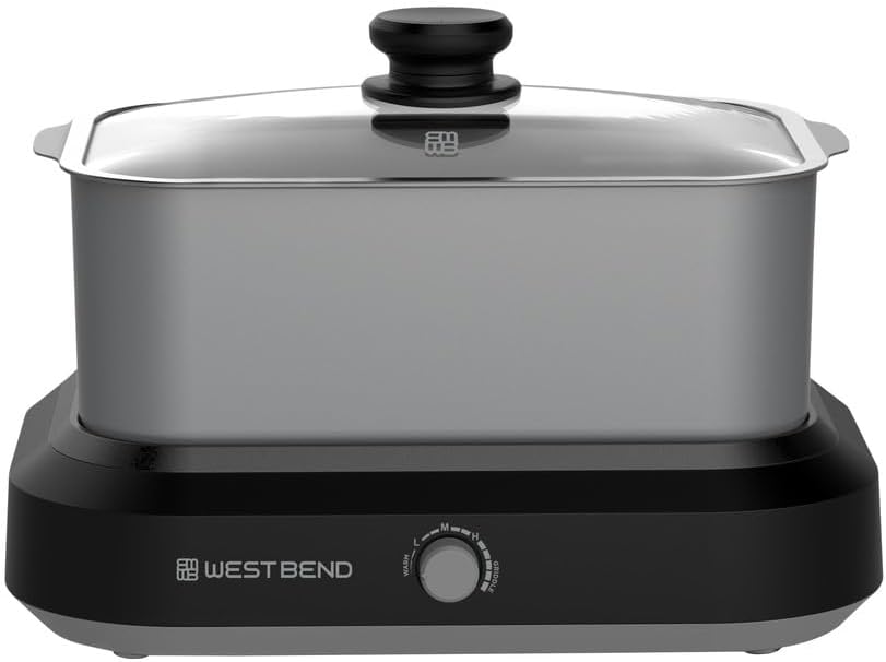 West Bend 87905 Slow Cooker Large Capacity Non-stick Vessel with Variable Temperature Control Includes Travel Lid and Thermal Carrying Case, 5-Quart, Silver