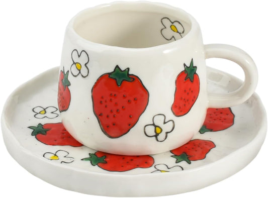 Koythin Ceramic Coffee Mug with Saucer, Cute Strawberry Creative Mugs Design, Printed Flowers Cup for Office and Home, 10 oz/300 ml for Latte Tea Milk (Strawberry)