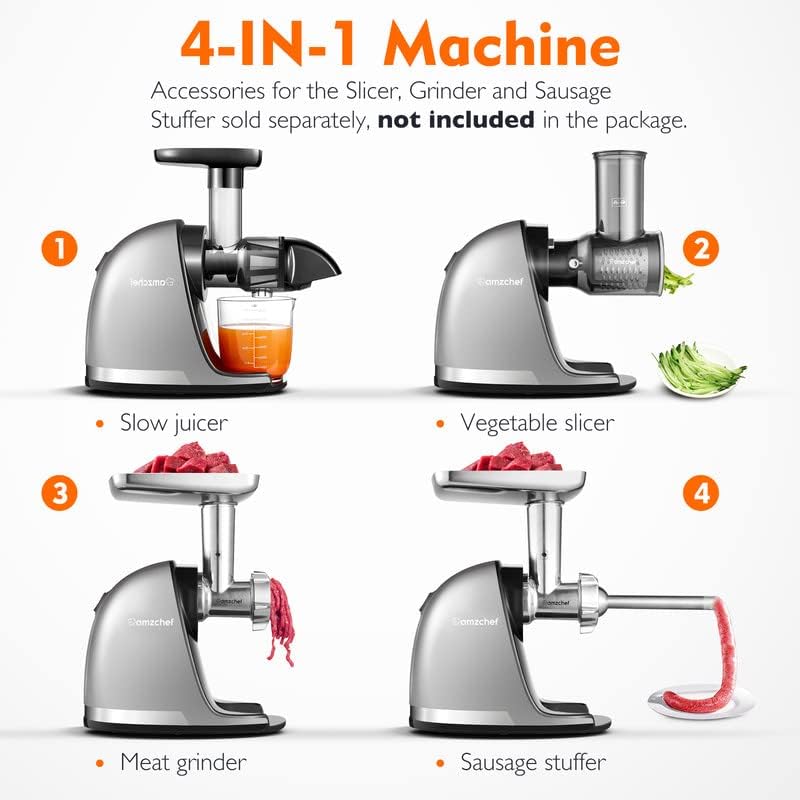 Masticating Juicer Machines, AMZCHEF Slow Cold Press Juicer with Reverse Function, High Juice Yield, Easy Clean with Brush,Recipes for High Nutrient Fruits and Vegetables, Gray(Updated)