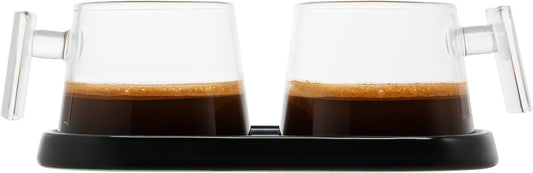 Pure Over Glass Espresso Cups | 2 Piece Coffee Mugs Set | Ceramic Coaster | Easy to Clean | Made of Borosilicate Glass | Heat Resistant (set of two) | Demitasse (Black Ceramic Coaster)