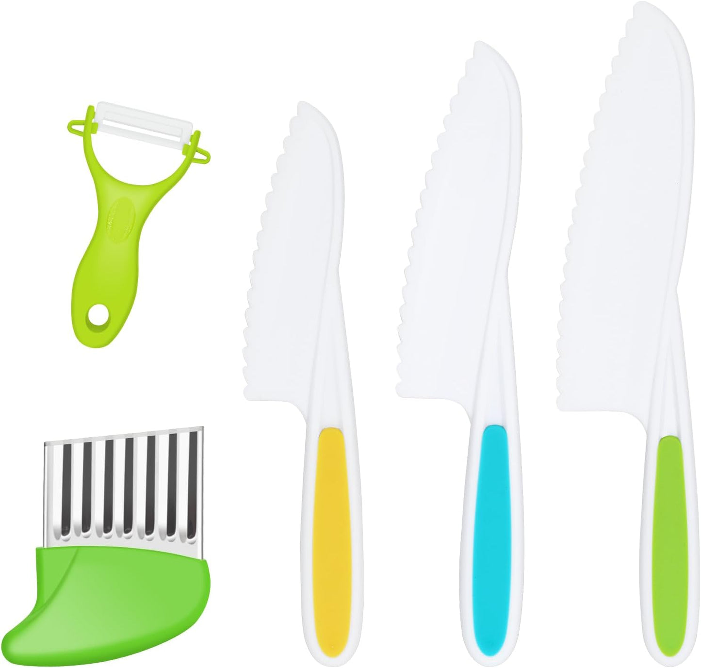 mwellewm 5 Pcs Kids Knife Set for Real Cooking Toddler Montessori Kitchen Tools Kids Friendly Cutting Board and Knives Set for Bread Vegetable Fruit Cake