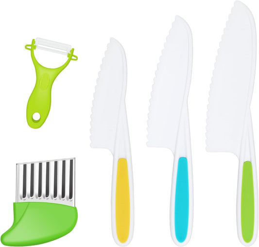 mwellewm 5 Pcs Kids Knife Set for Real Cooking Toddler Montessori Kitchen Tools Kids Friendly Cutting Board and Knives Set for Bread Vegetable Fruit Cake