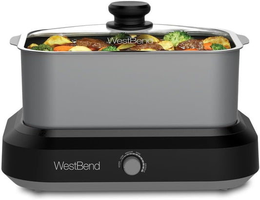 West Bend 87905 Slow Cooker Large Capacity Non-stick Vessel with Variable Temperature Control Includes Travel Lid and Thermal Carrying Case, 5-Quart, Silver