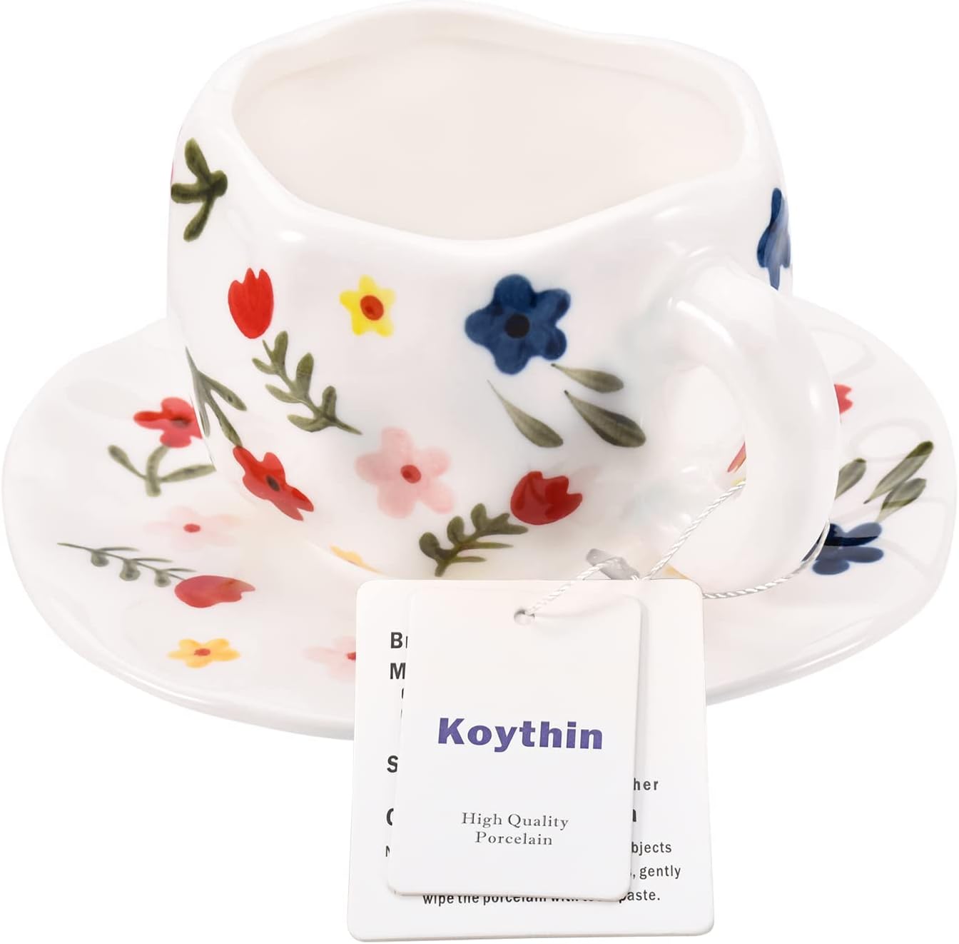 Koythin Ceramic Coffee Mug, Cute Pink Cup for Women with Saucer for Office and Home, Dishwasher and Microwave Safe, 10 oz/300 ml for Latte Tea Milk (White Floret)