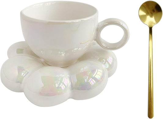 Pearl White Coffee Mug Flower Bubble Mugs Saucer Coaster Spoon Set Ceramic Sunflower Latte Tea Cup Milk Mugs Mum Gift For Women