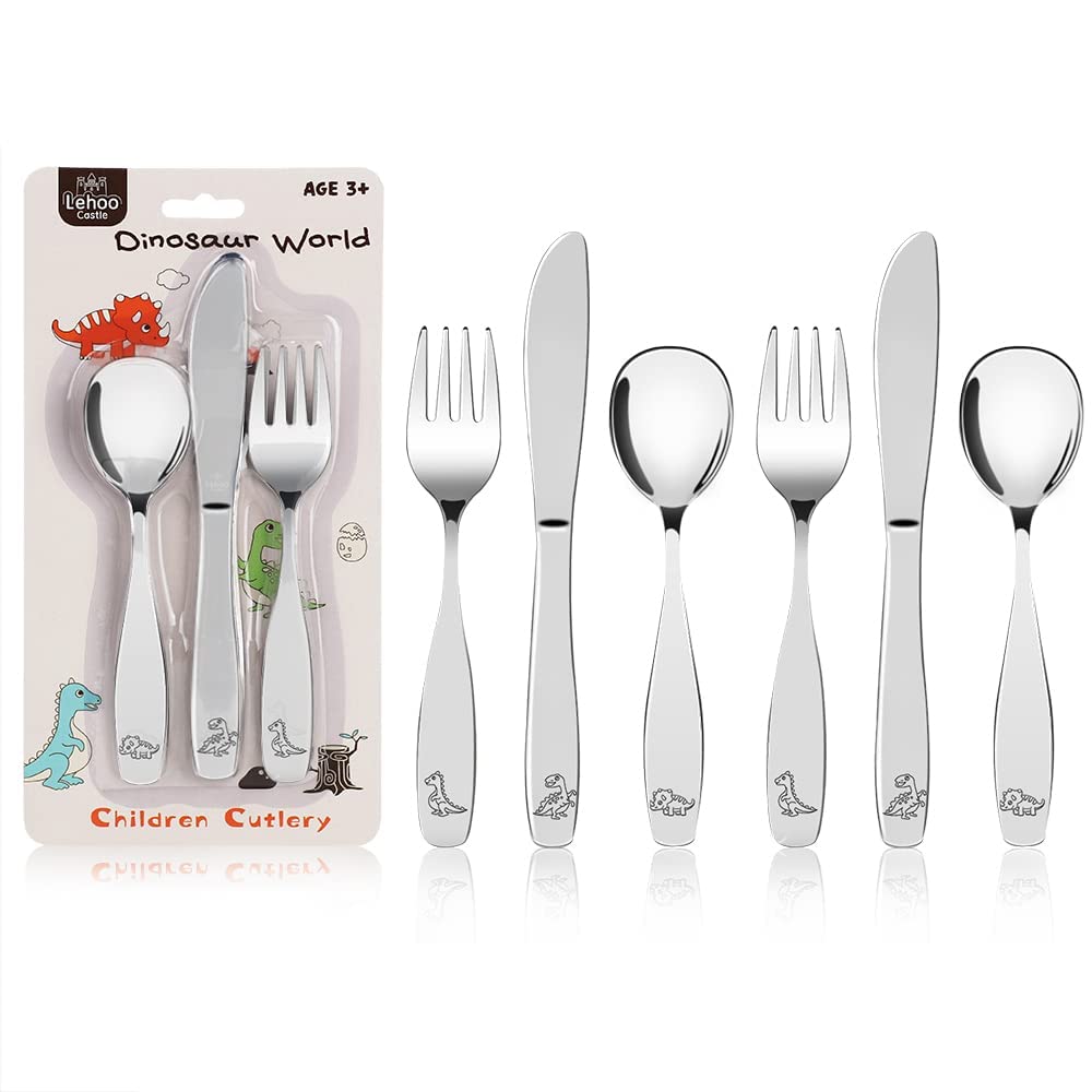 Lehoo Castle Kids Silverware Stainless Steel 6 Piece - Toddler Spoons and Forks Knife Set, Metal Kids Cutlery Set, Toddler Utensils Self Feeding (Dinosaur World)