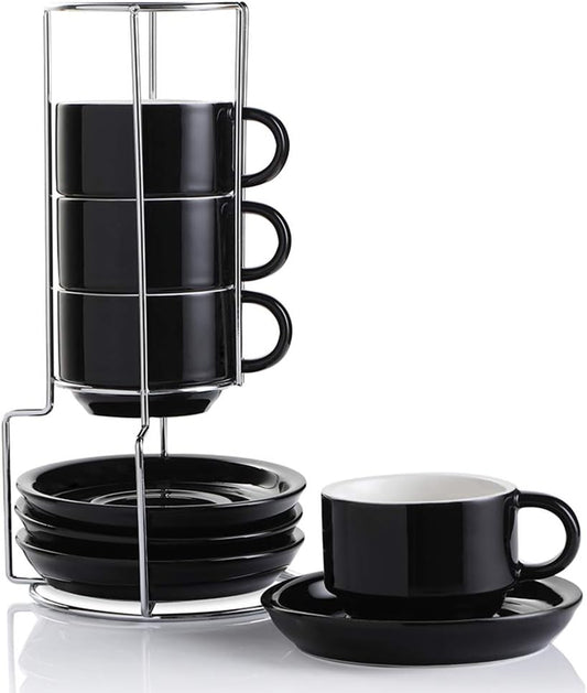 Sweejar Ceramic Espresso Cups with Saucers, 4 Ounce Stackable Cappuccino Cups with Metal Stand for Coffee Drinks, Latte, Tea - Set of 4 (Black)