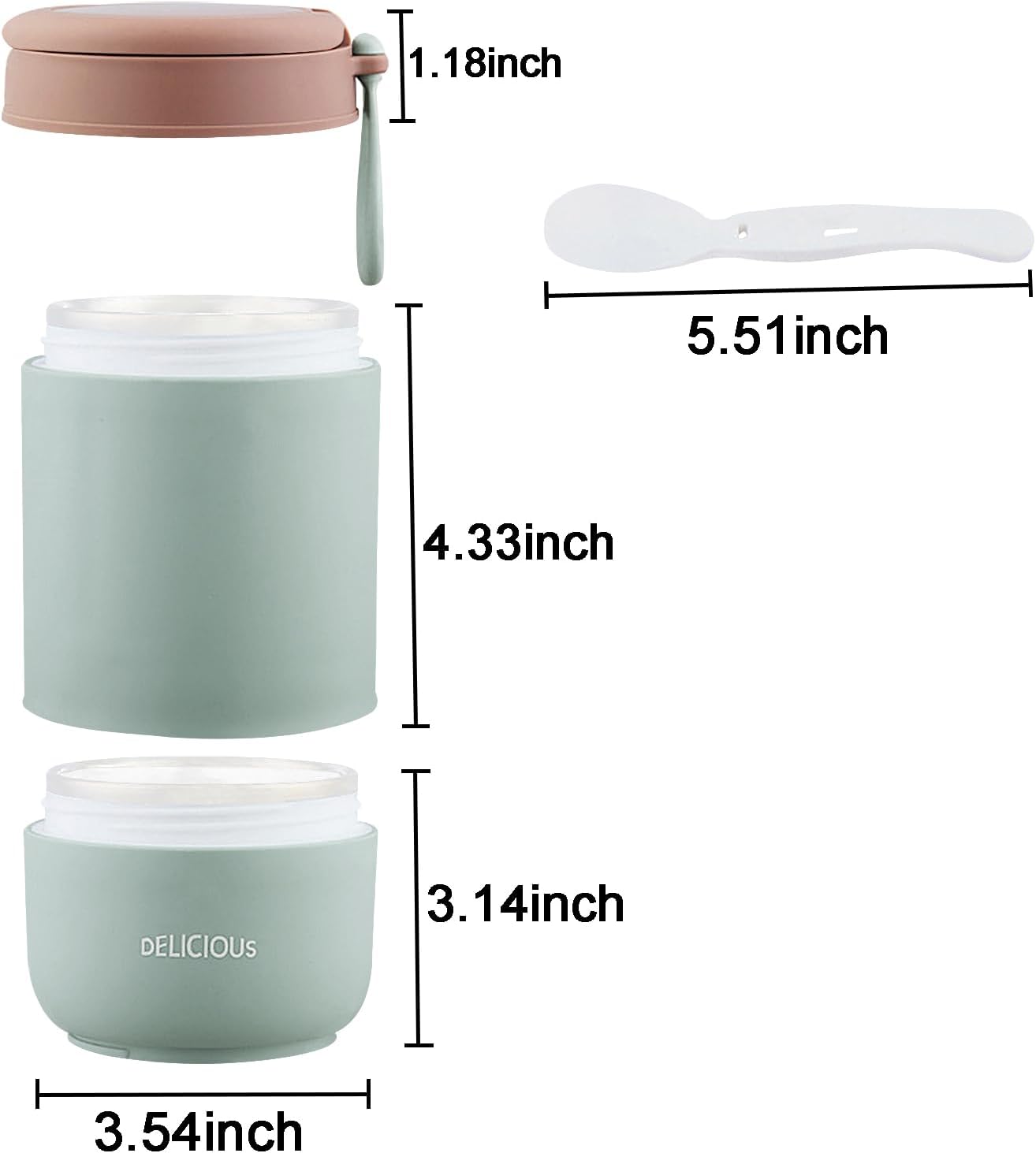 11 oz+14 oz Double Wall Snack Cup with Plastic Spoon,Reusable Snack Container with Leak-Proof Design, Microwave Safe, Dishwasher safe, Freezer Safe (Matcha Green)