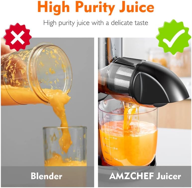 Masticating Juicer Machines, AMZCHEF Slow Cold Press Juicer with Reverse Function, High Juice Yield, Easy Clean with Brush,Recipes for High Nutrient Fruits and Vegetables, Gray(Updated)