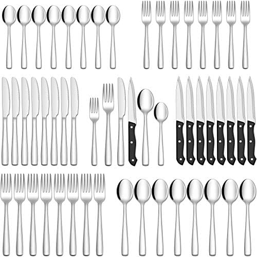 Hiware 48-Piece Matte Black Silverware Set with Steak Knives, Black Flatware Set for 8, Stainless Steel Tableware Cutlery Set, Utensil Sets for Kitchen