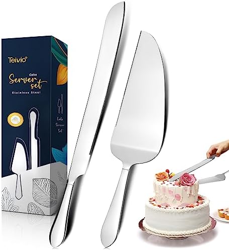 Teivio Cake Cutting Set (2 Pieces), Stainless Steel Wedding Cake Knife and Server Spatula, Cake & Pie Serving Set for Birthday, Wedding, Parties, Thanksgiving (Silver)