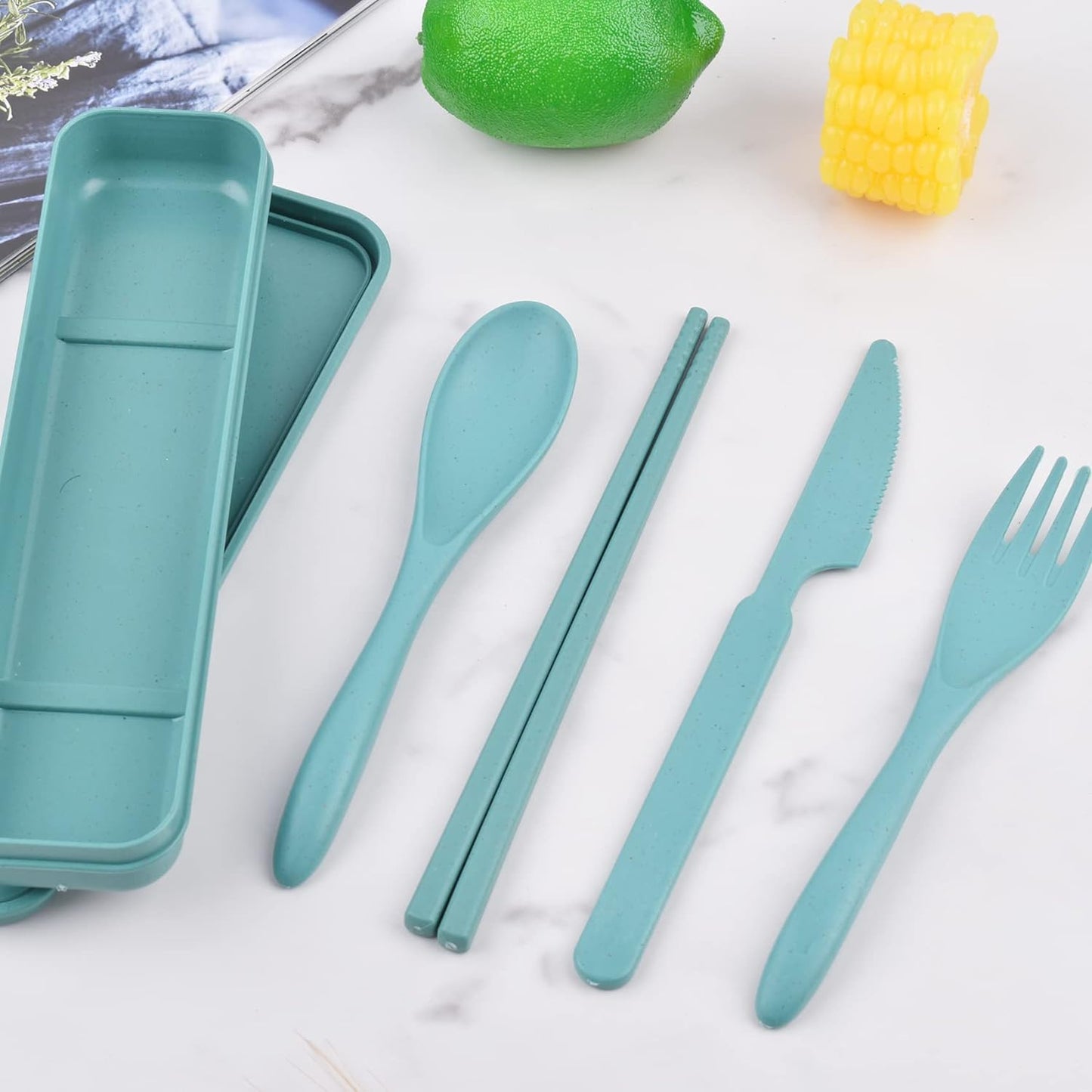 Reusable Utensils Set with Case, 4 Sets Wheat Straw Travel Cutlery Set, Portable Spoon Knife Fork Chopsticks Lunch Box Utensil Set for Kids Adults