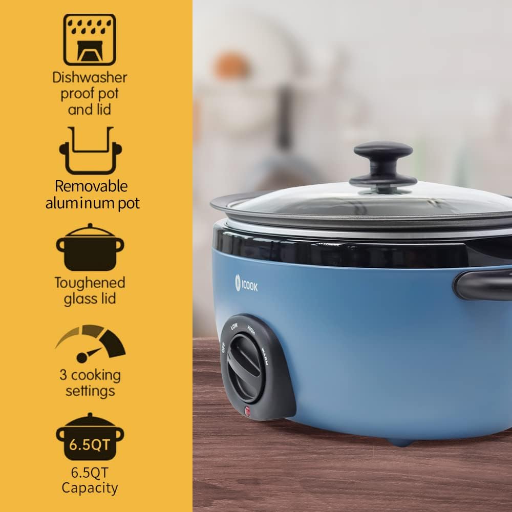 USC-65-OP001BL 6.5 Quart Slow Cooker,Aluminium Sear/Sauté Stew Pot Stovetop safe,Dishwasher Safe,Glass Lid,Adjustable Temp,Food Warmer(Blue)