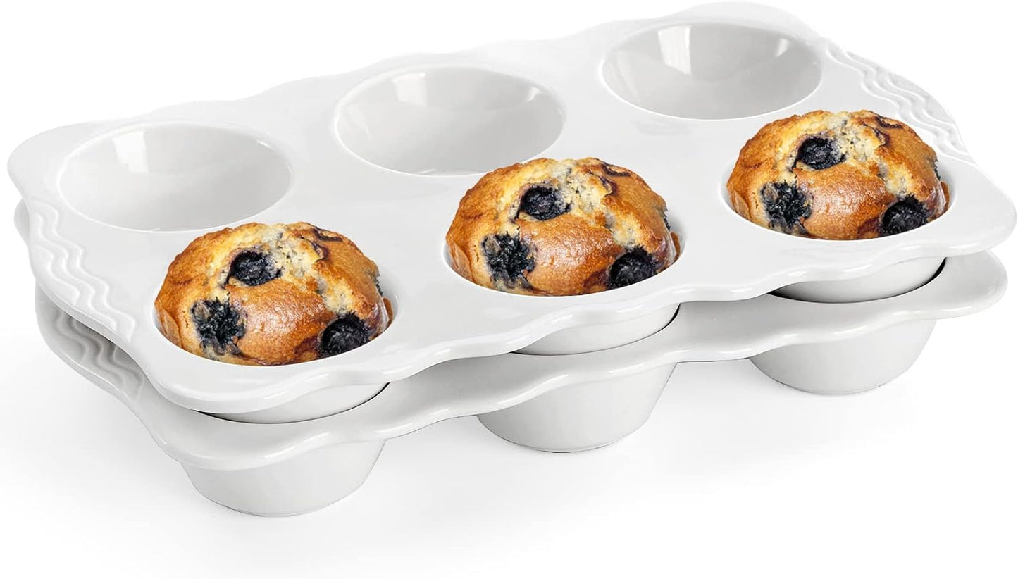 2 Pack Ceramic Muffin Pans, 6 Cups Non-stick Muffin Tin Cupcake Baking Pans with Handles for Muffin Cakes, Egg Tarts, Mousse, Pot Pie, Jelly