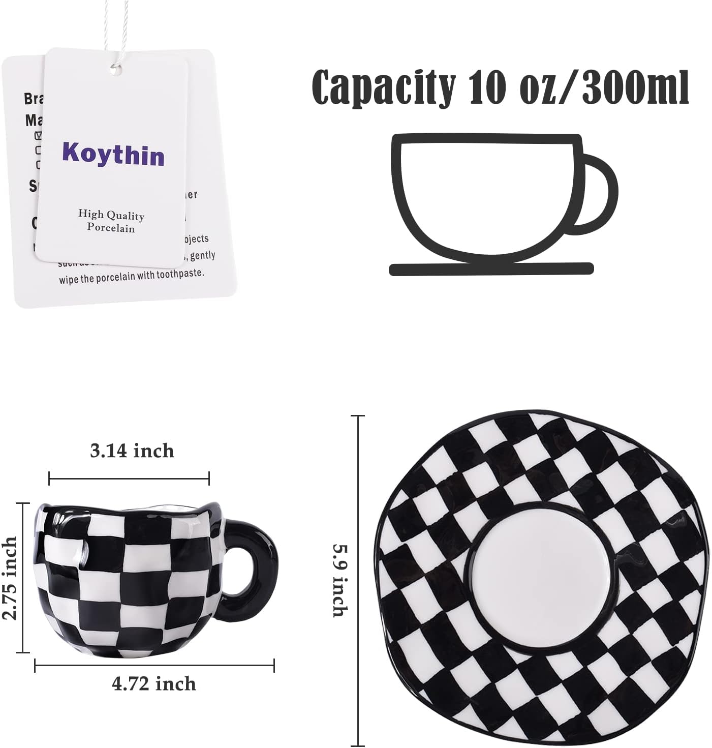 Koythin Ceramic Coffee Mug, Novelty Black and White Plaid Cup with Saucer for Office and Home, Dishwasher and Microwave Safe, 10 oz/300 ml for Latte Tea Milk (Black and White Plaid)