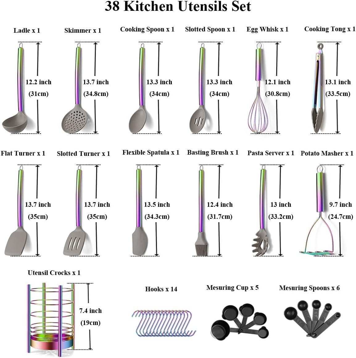 38 Piece Silicone kitchen Cooking Utensils Set with Utensil Crocks, Silicone Head and Stainless Steel Handle Cookware, Kitchen Tools for Utensil Set, Non-Stick kitchen Gadgets,Dishwasher Safe(Rainbow)