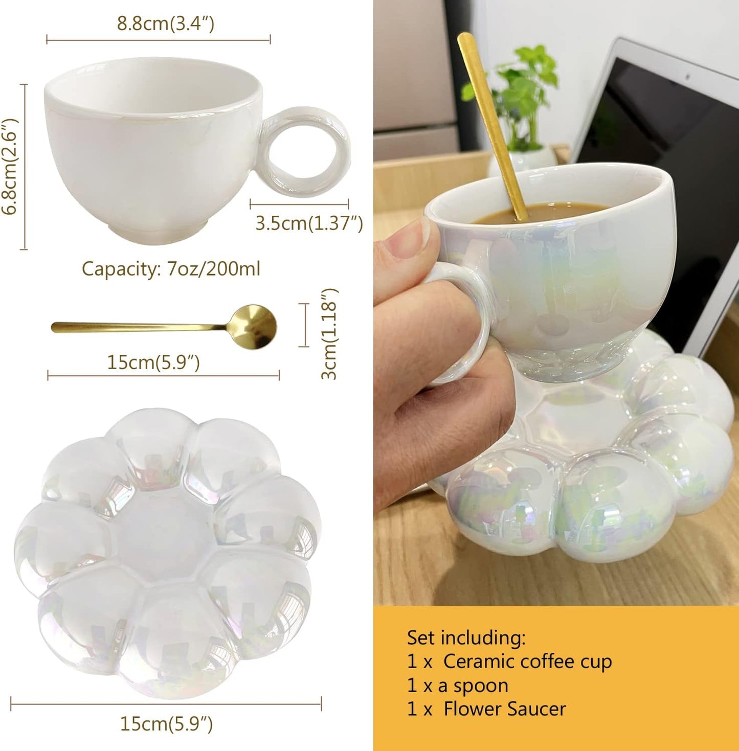 Pearl White Coffee Mug Flower Bubble Mugs Saucer Coaster Spoon Set Ceramic Sunflower Latte Tea Cup Milk Mugs Mum Gift For Women