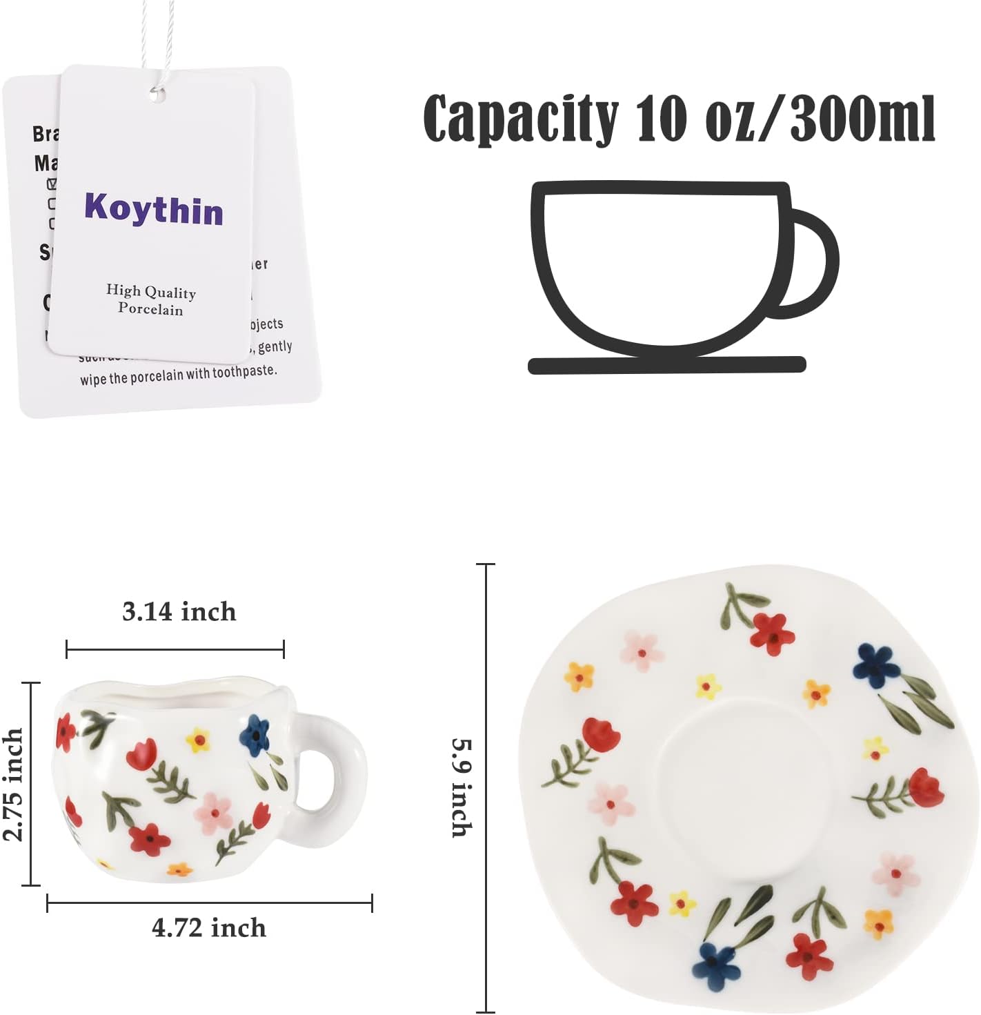 Koythin Ceramic Coffee Mug, Cute Pink Cup for Women with Saucer for Office and Home, Dishwasher and Microwave Safe, 10 oz/300 ml for Latte Tea Milk (White Floret)