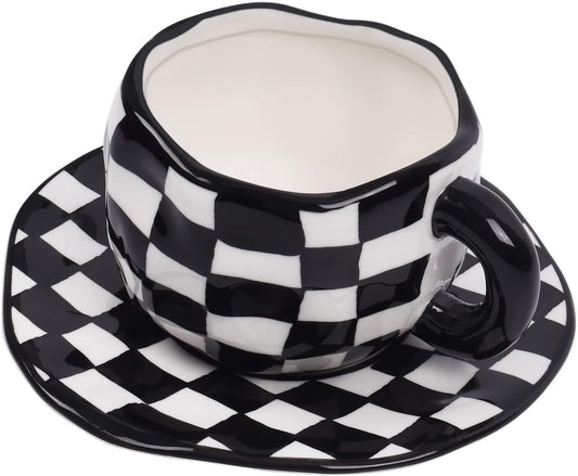 Koythin Ceramic Coffee Mug, Novelty Black and White Plaid Cup with Saucer for Office and Home, Dishwasher and Microwave Safe, 10 oz/300 ml for Latte Tea Milk (Black and White Plaid)