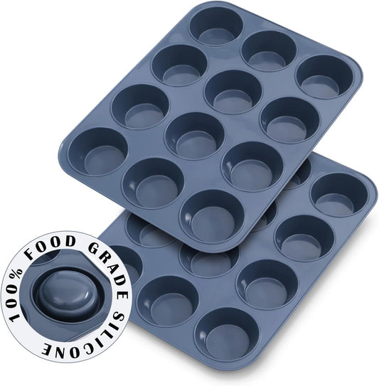 2 Pack Silicone Muffin Baking Pan & Cupcake Tray 12 Cup - Nonstick Cake Molds/Tin, Silicon Bakeware, BPA Free, Dishwasher & Microwave Safe (12 Cup Size, Grey)