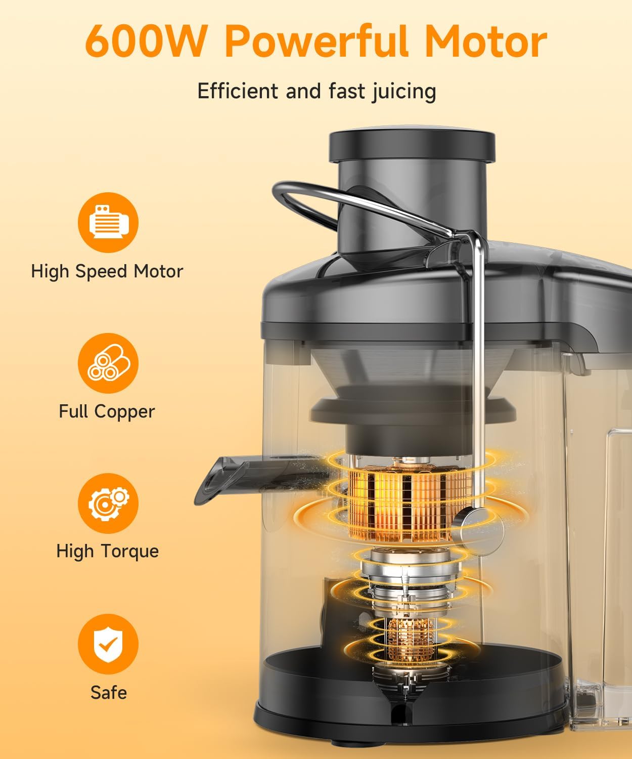 Juicer, 600W Juicer Machine with 3 Inch Wide Chute for Whole Fruits, High Yield Juice Extractor with 3 Speeds, Easy to Clean with Cleaning Brush, Compact Centrifugal Juicer Anti-drip