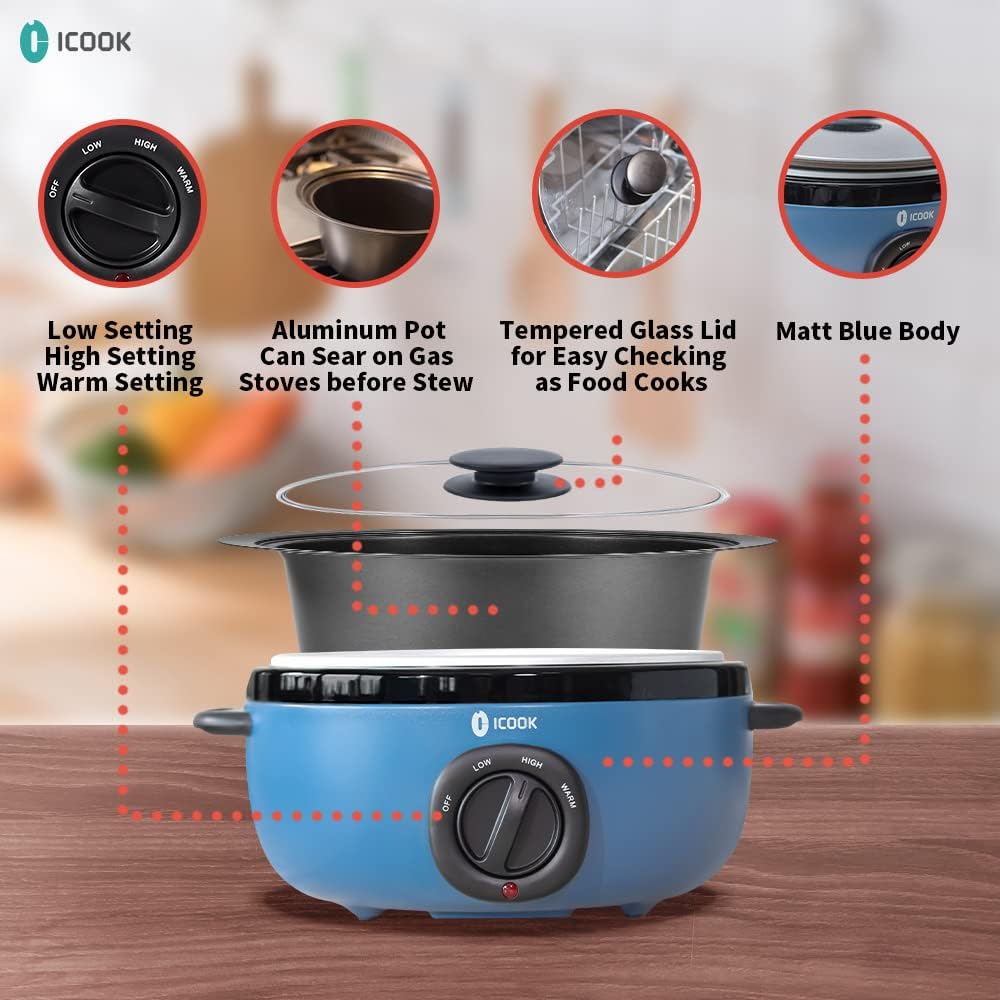 USC-65-OP001BL 6.5 Quart Slow Cooker,Aluminium Sear/Sauté Stew Pot Stovetop safe,Dishwasher Safe,Glass Lid,Adjustable Temp,Food Warmer(Blue)