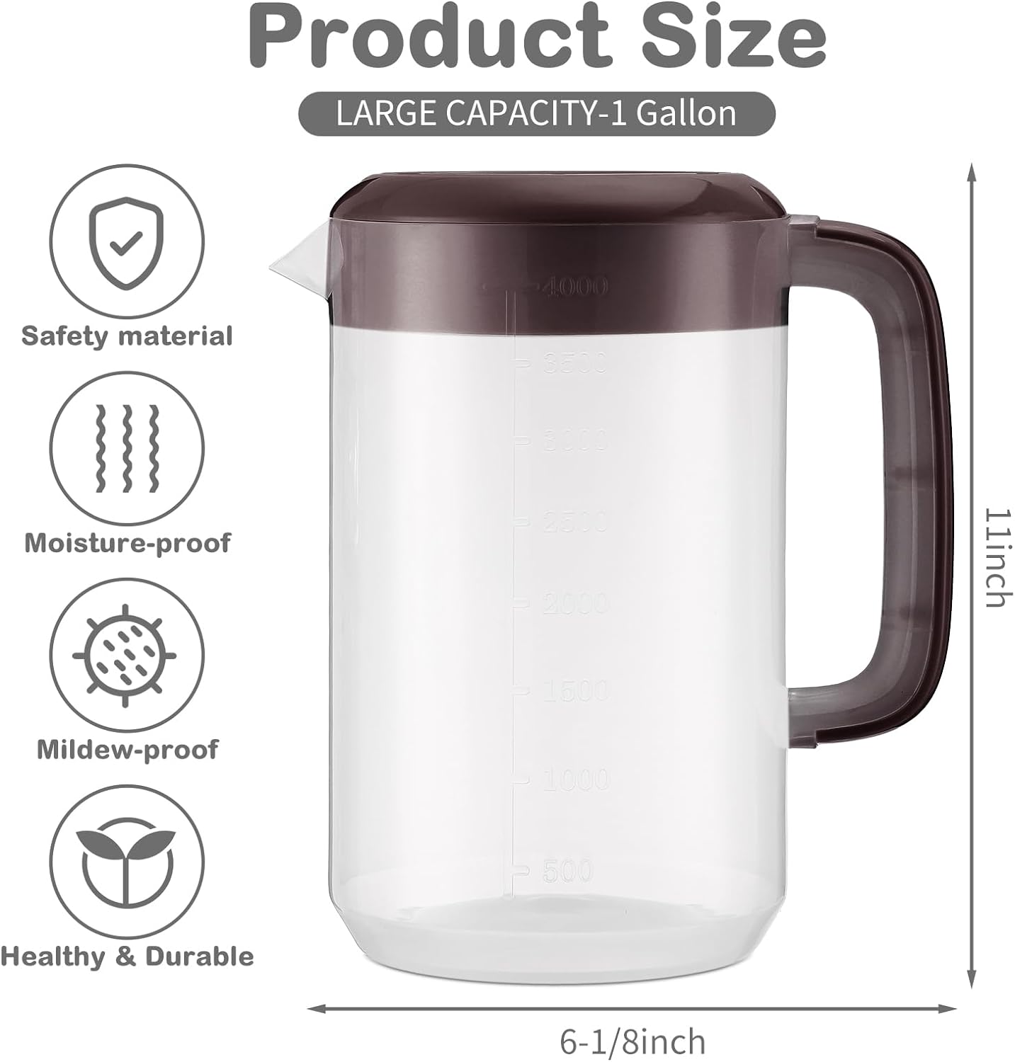 2Pcs Plastic Pitcher with Lid Large Clear Water Carafe Jug Ice Tea Pitcher Lemonade Juice Beverage Jar with Strainer Cover Handle Measurements for Hot Cold Coffee Drink (Coffee, White,1 Gallon/4L)