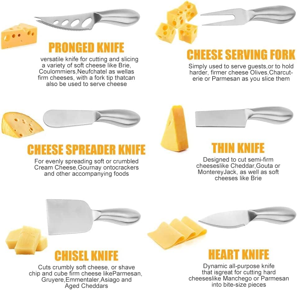 Premium Stainless Steel Cheese Tool Set - 6 Piece Cheese Knife Set - Cut, Spread All Your Favorite Cheeses