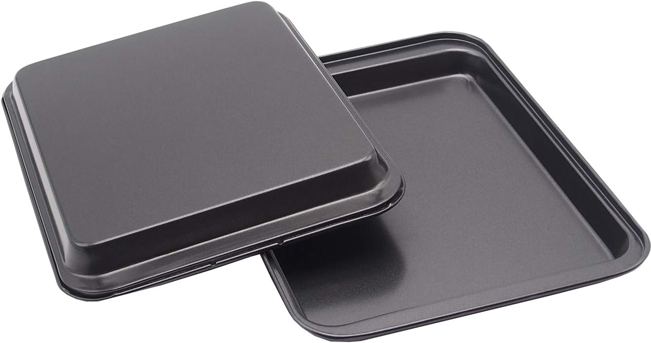 2 Small Baking Sheets 9.45 X 7.09 Inch (Inner 7.5x6) Mini Cookie Tray Toaster Conventional Oven Pan Nonstick No Warp Magnetic Bakeware for 1 or 2 Person