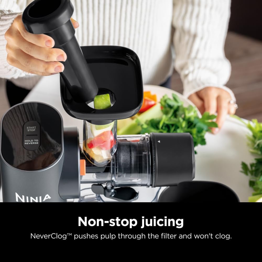Ninja JC151 NeverClog Cold Press Juicer, Powerful Slow Juicer with Total Pulp Control, Countertop, Electric, 2 Pulp Functions, Dishwasher Safe, 2nd Generation, Charcoal