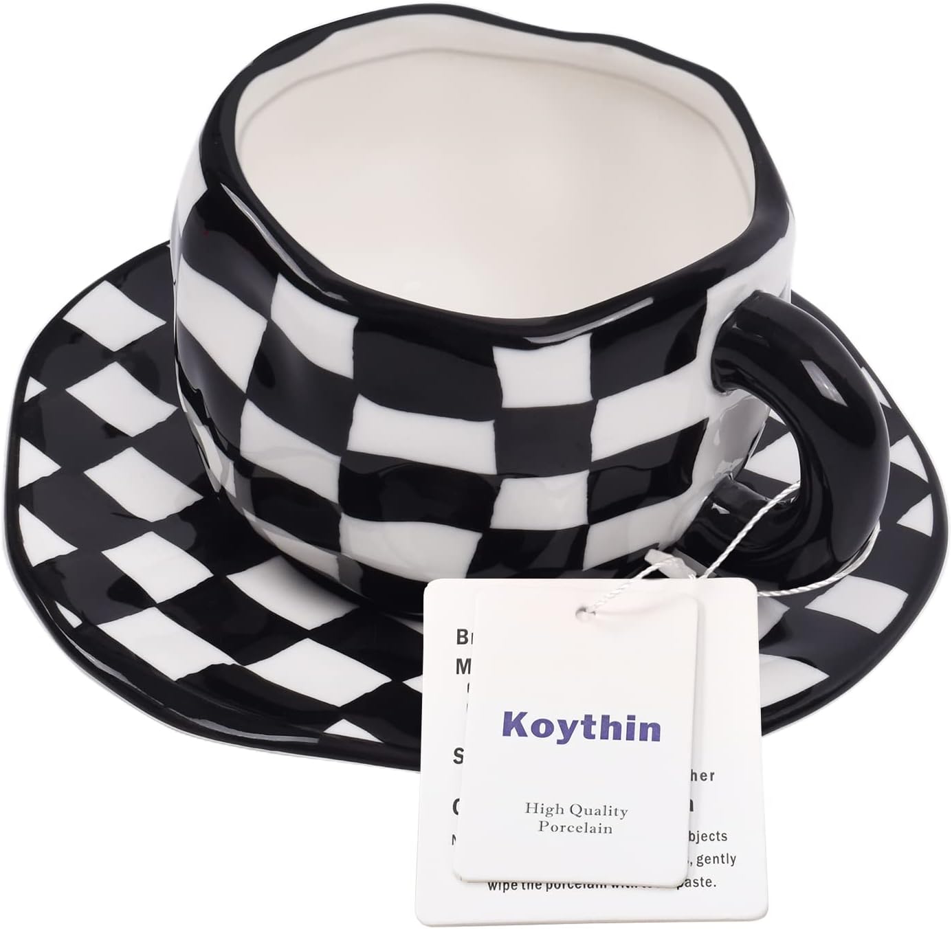 Koythin Ceramic Coffee Mug, Novelty Black and White Plaid Cup with Saucer for Office and Home, Dishwasher and Microwave Safe, 10 oz/300 ml for Latte Tea Milk (Black and White Plaid)