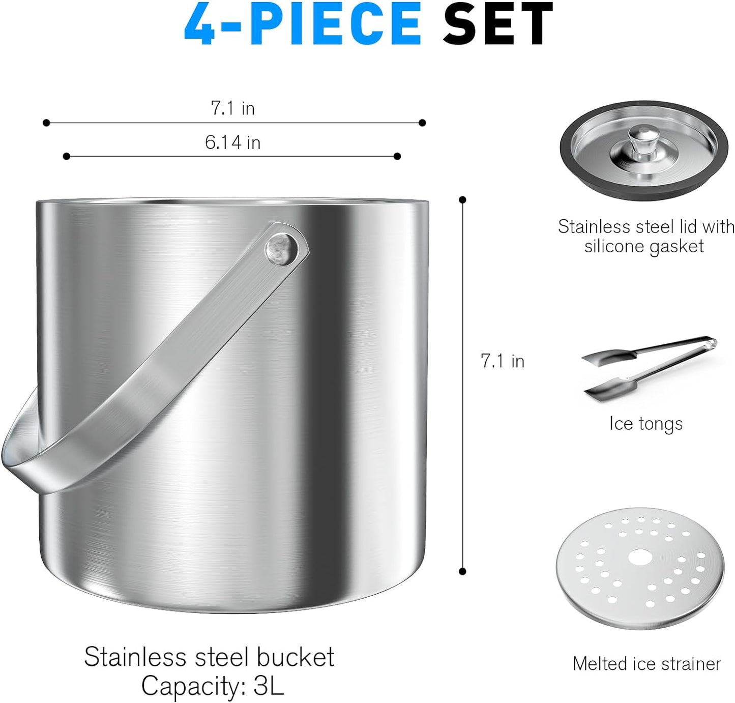 3 Liter Ice Bucket with Silicone Lid, Strainer, Tongs, Double Wall Insulated Stainless Steel Ice Bucket Wine Bucket for Cocktail Bar and Parties