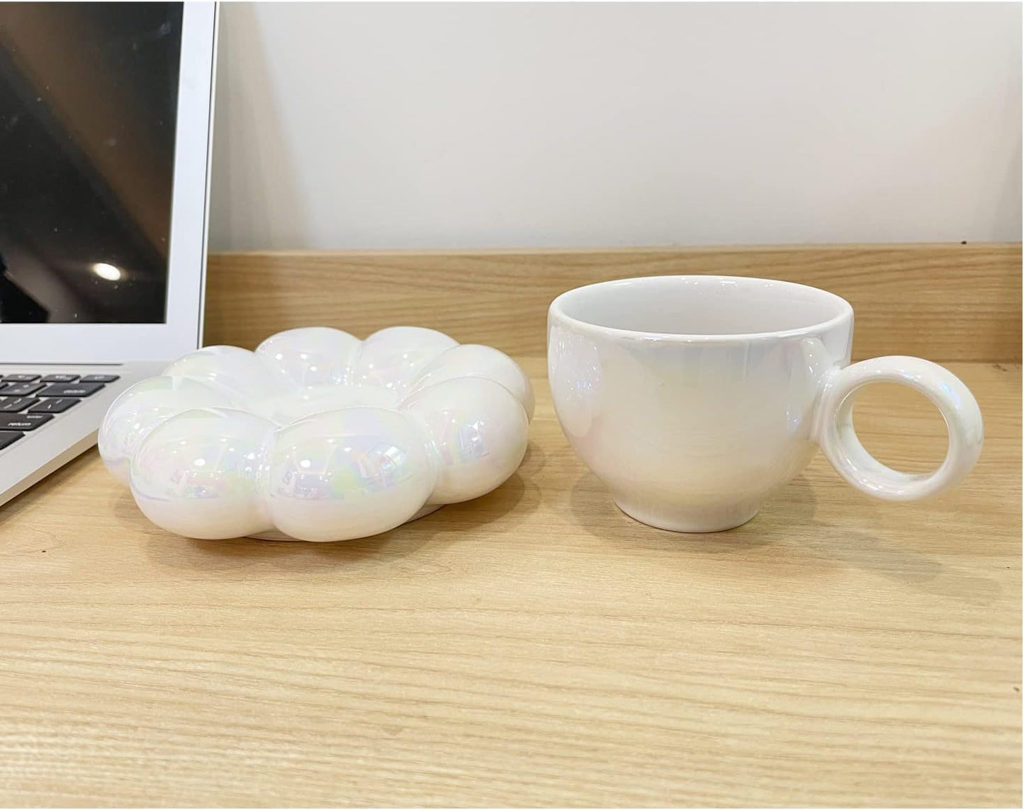 Pearl White Coffee Mug Flower Bubble Mugs Saucer Coaster Spoon Set Ceramic Sunflower Latte Tea Cup Milk Mugs Mum Gift For Women