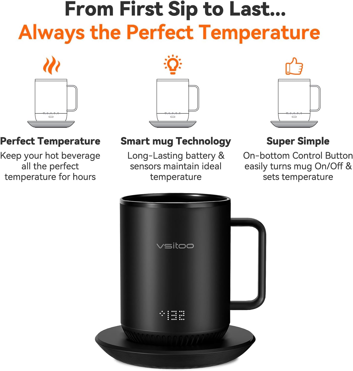 vsitoo S3 Temperature Control Smart Mug 2 with Lid, Self Heating Coffee Mug 10 oz, LED Display, 90 Min Battery Life - App&Manual Controlled Heated Coffee Mug - Improved Design, Coffee Gifts, Black