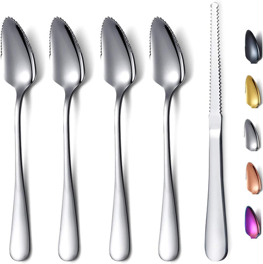 Grapefruit Spoons 5 Pieces Set, 4 Stainless Steel Grapefruit Spoon And 1 Grapefruit knife With Titanium Plating, Grapefruit Utensil Set, Serrated Edges Spoon pack of 5 (Silver)