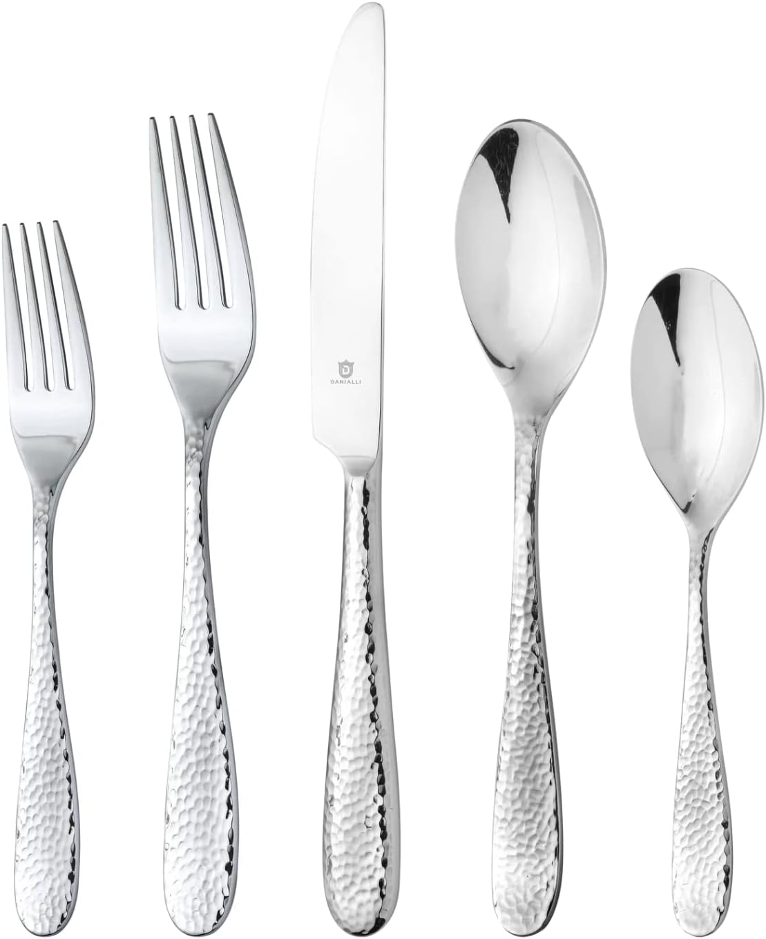 DANIALLI 60 Piece Silverware Set For 12, 18 10 Stainless Steel Silverware Set, Modern Fidenza Hammered Flatware Set, Knife/Fork/Spoon & Long Teaspoon/Salad Fork Dishwasher Safe (Mirror Polished)