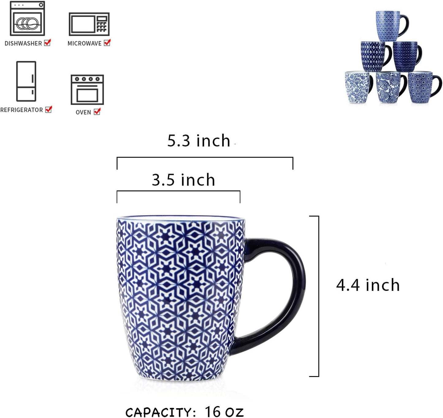 Selamica 16 oz Porcelain Coffee Mugs Set, Ceramic Tea Cup with Handle, dishwasher, oven, microwave safe, Christmas Gift, Pack of 6, Vintage Blue