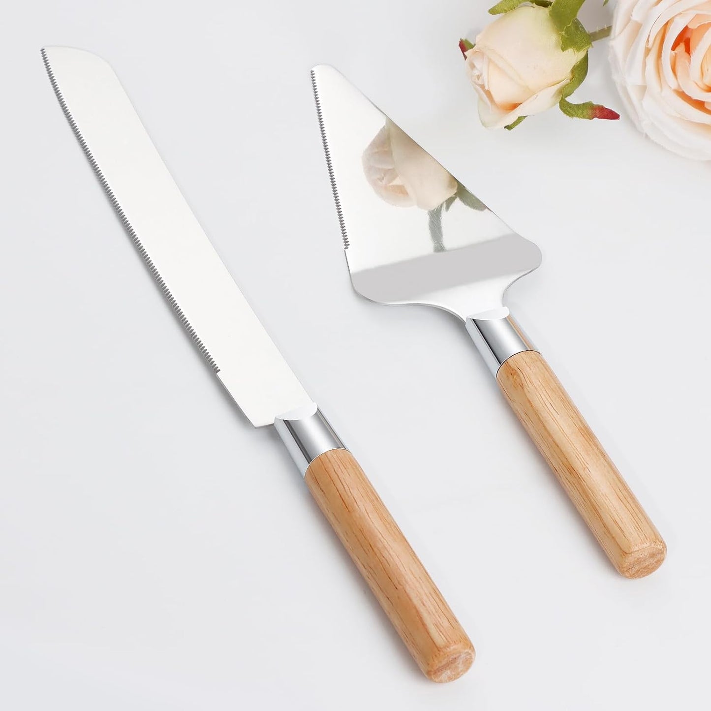 Cake Cutting Set for Wedding, Wood Cake Knife and Server Set, Vintage 2-Piece Pie Cutter Serving Set, Serrated Pizza Dessert Utensils, Bridal Anniversary Birthday Quinceañera Gift