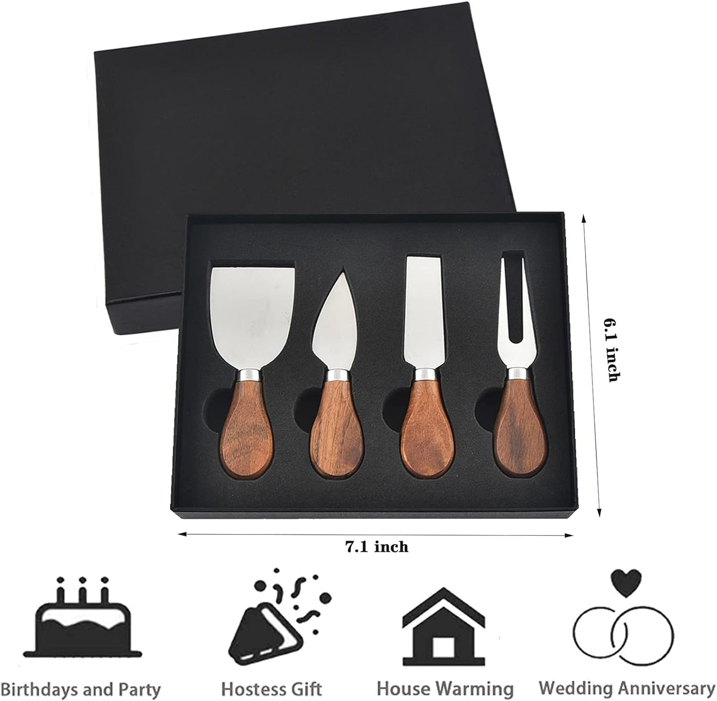 4Pcs Cheese Knife Set - Stainless Steel Cheese Knives with Acacia Wood Handle - Charcuterie Knife Set for Party and Holiday