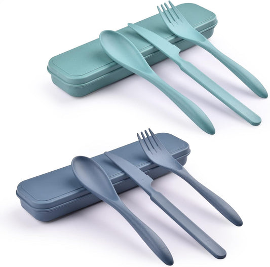 2 Sets Reusable Utensil Set with Case, Portable Camping Fork Knife Spoon Set, Wheat Straw Travel Utensils for Lunch Box, for School Work Lunch or Daily Use (Green, Blue)