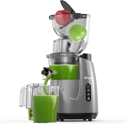 SiFENE Whole Fruit Cold Press Juicer Machine - Vertical Slow Masticating Juicer with Large 3.3in Feed Chute - Easy to Clean, Design for Whole Fruits & Vegetables, Gray