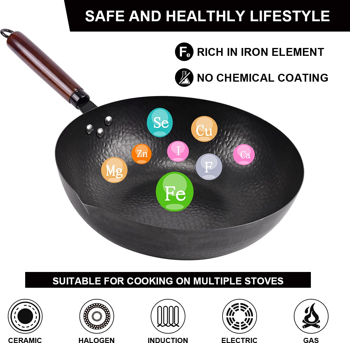 12.8" Carbon Steel Wok-11Pcs Woks & Stir Fry Pans Wok Pan with Lid, No Chemical Coated Chinese Wok with 10 Cookware Accessories, Flat Bottom Wok for Electric, Induction,Gas Stoves