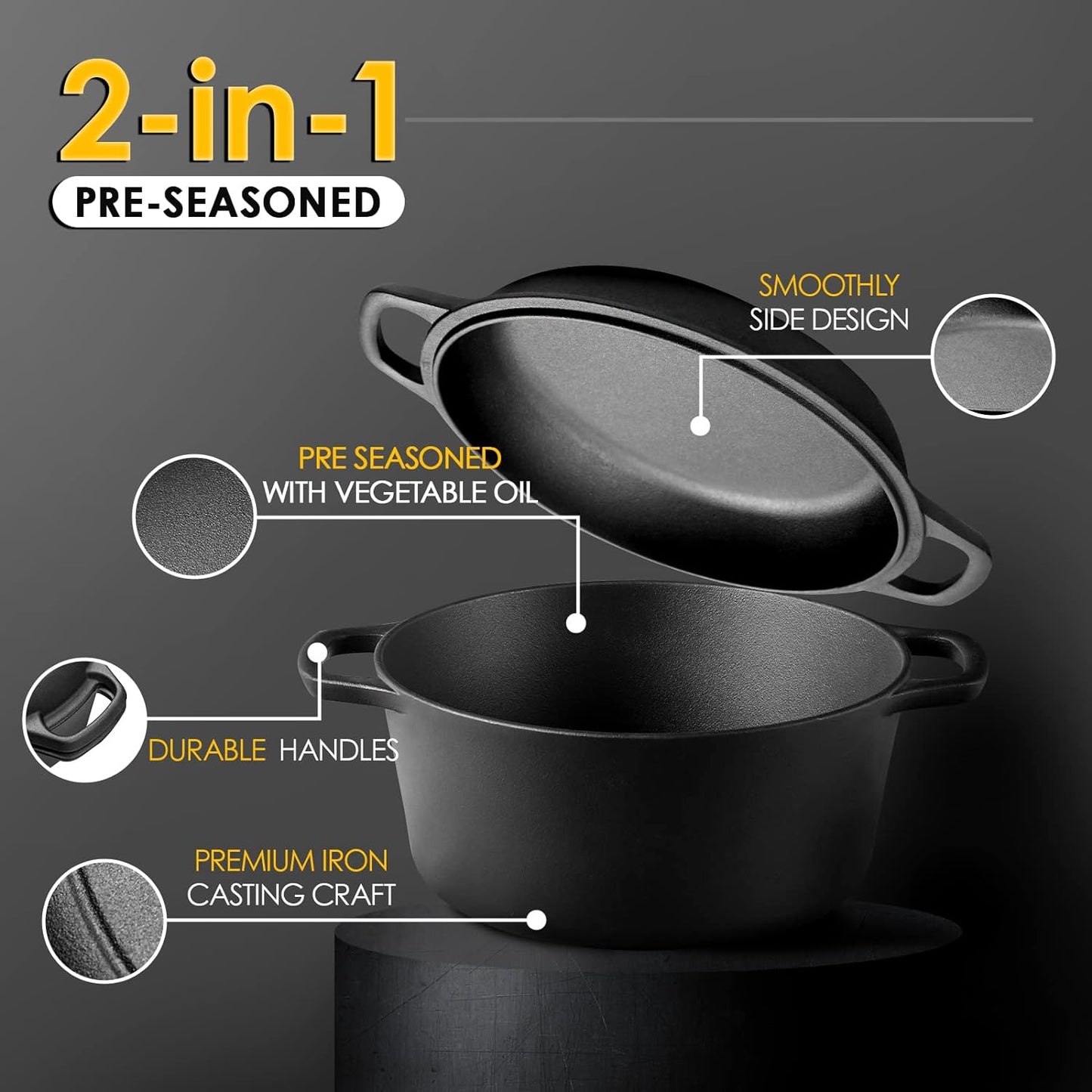 2-in-1 Pre-Seasoned Cast Iron Dutch Oven Pot with Skillet Lid Cooking Pan, Cast Iron Skillet Cookware Pan Set with Dual Handles Indoor Outdoor for Bread, Frying, Baking, Camping, BBQ, 5QT