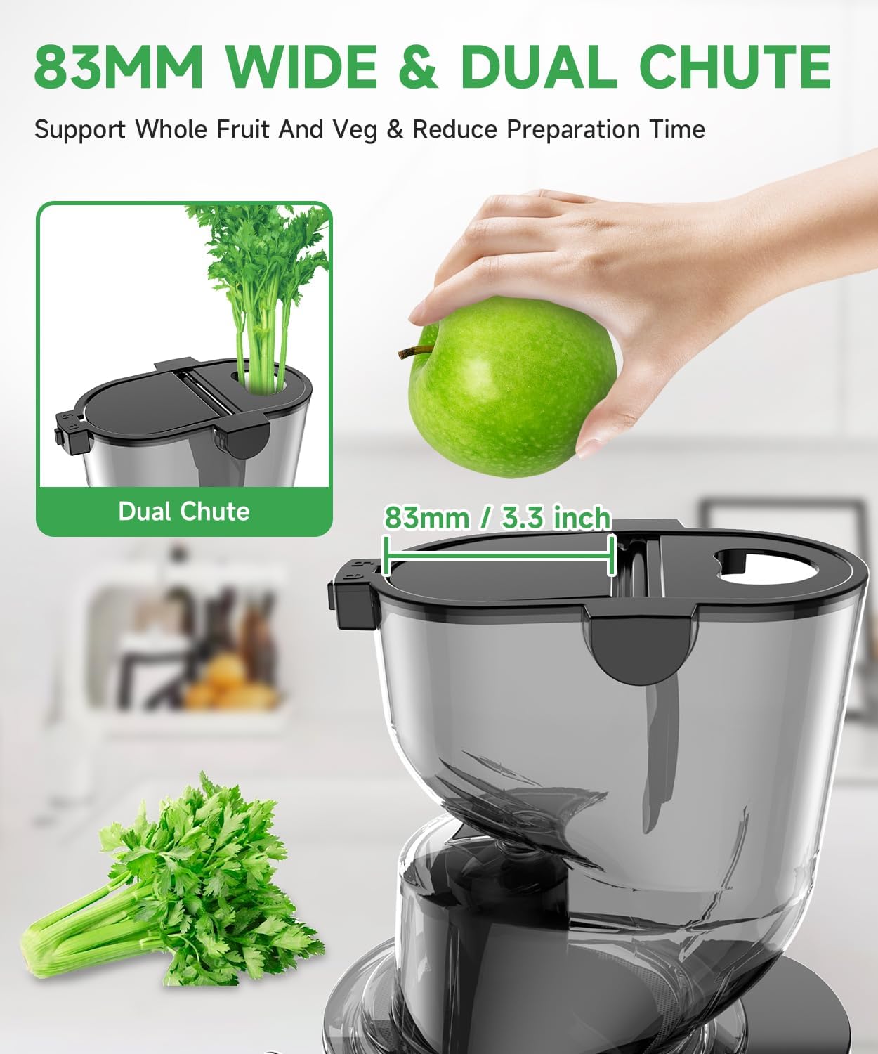 Cold Press Juicer Machines, Slow Masticating Juicers with 3.3-inch Wide Dual Feed Chute for Whole Fruits and Vegetables, Juice Extractor Maker with Quiet Motor, High Yield, BPA-Free