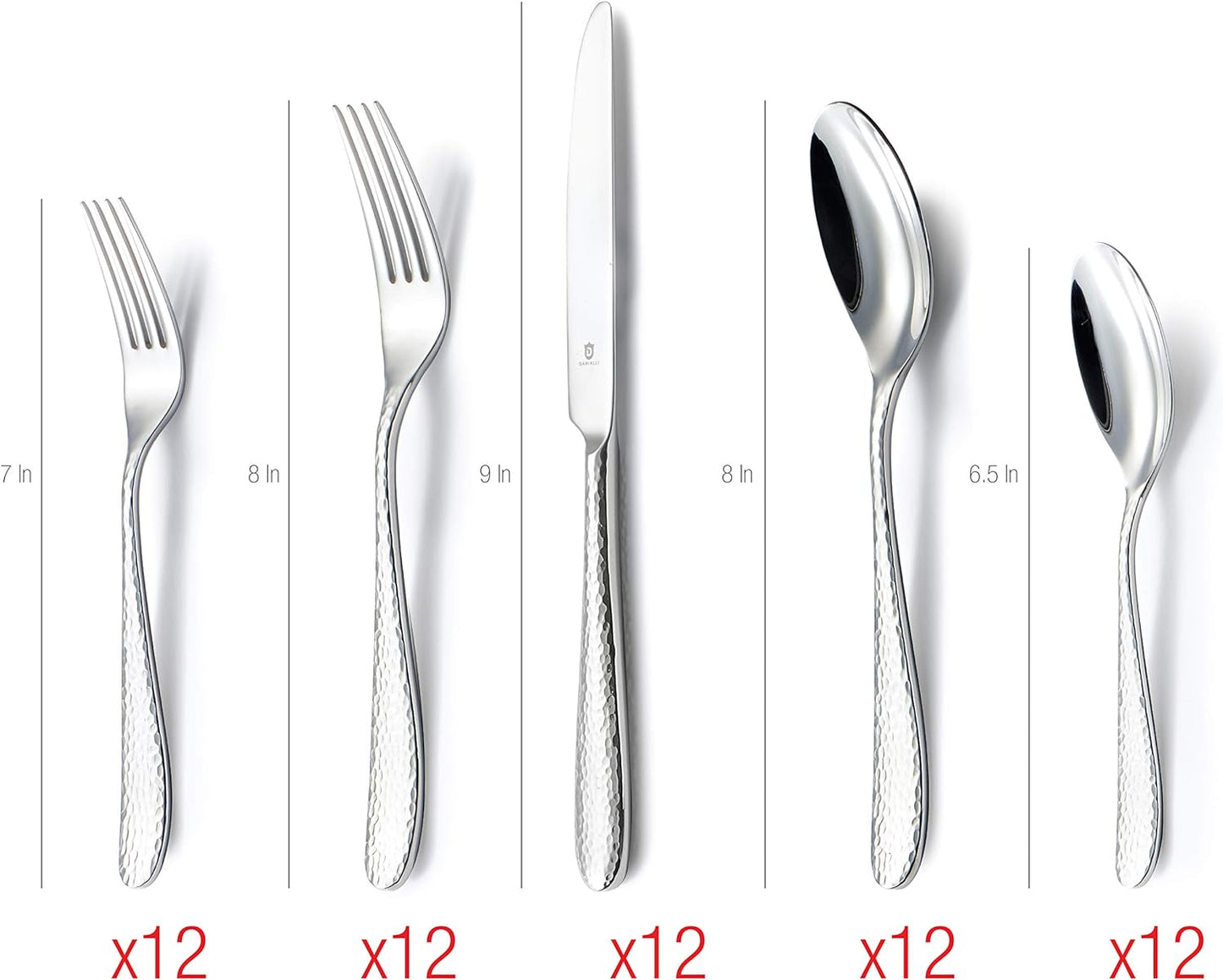 DANIALLI 60 Piece Silverware Set For 12, 18 10 Stainless Steel Silverware Set, Modern Fidenza Hammered Flatware Set, Knife/Fork/Spoon & Long Teaspoon/Salad Fork Dishwasher Safe (Mirror Polished)