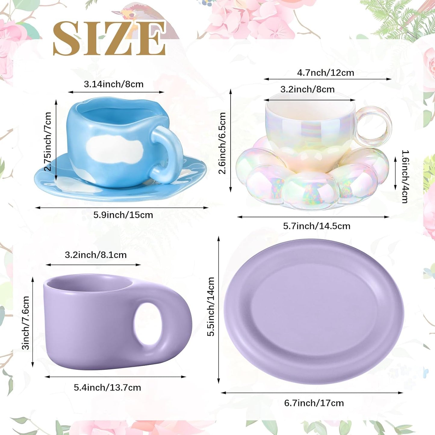 Sumind 3 Pcs Ceramic Coffee Mug with Saucer Set Irregular Creative Cute Mugs Ceramic Cup Chubby Mug for Latte Tea Milk Office Home, Dishwasher and Microwave Safe (Cloud)